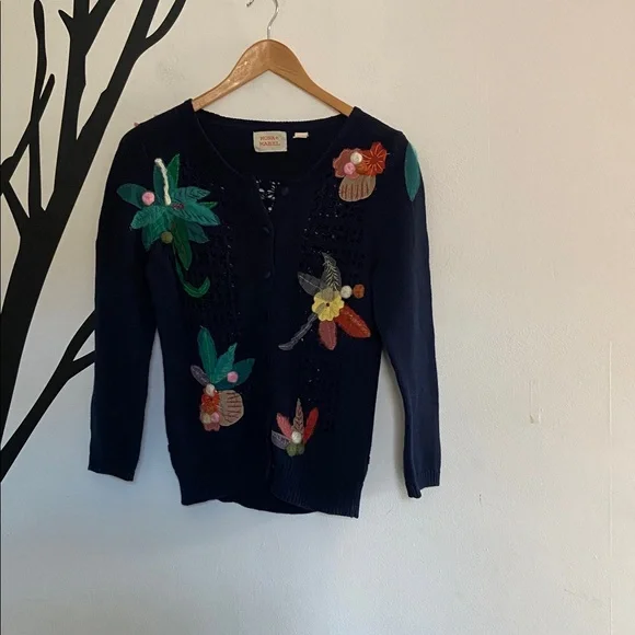 Anthropologie Mona Mabel navy cardigan with mixed media floral appliqués - Picture 4 of 16